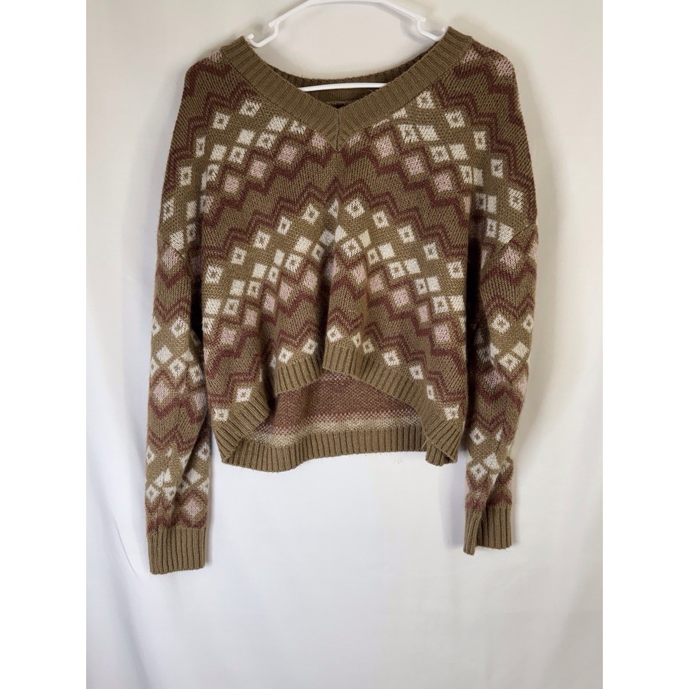 No Comment Boho Geometric Knit Sweater Size Large UEC Brown Pink V-Neck